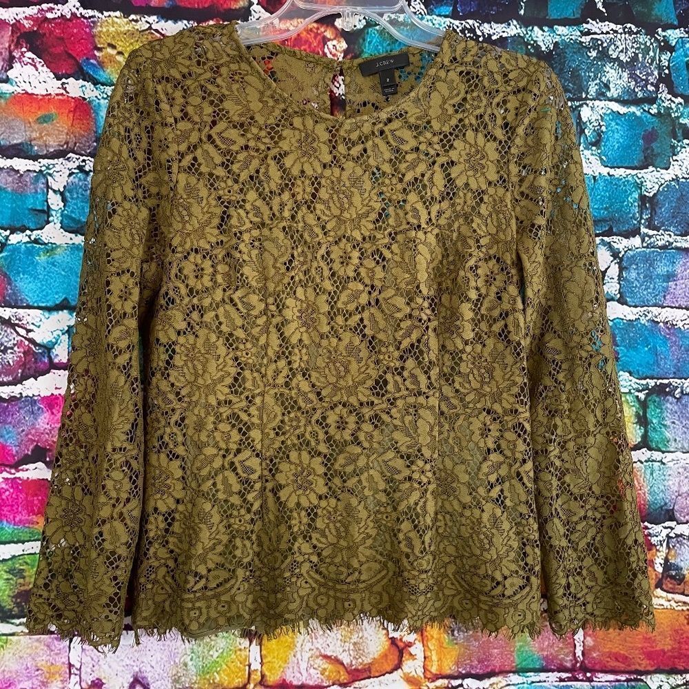 J. Crew Lace Blouse Shirt Top Green Removable Tank Top Size 2